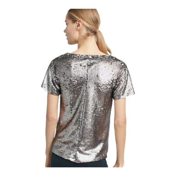 ANTHROPOLOGIE Sequin Top Short Sleeve V-Neck Vanessa Virginia Silver Small EUC - Picture 5 of 11